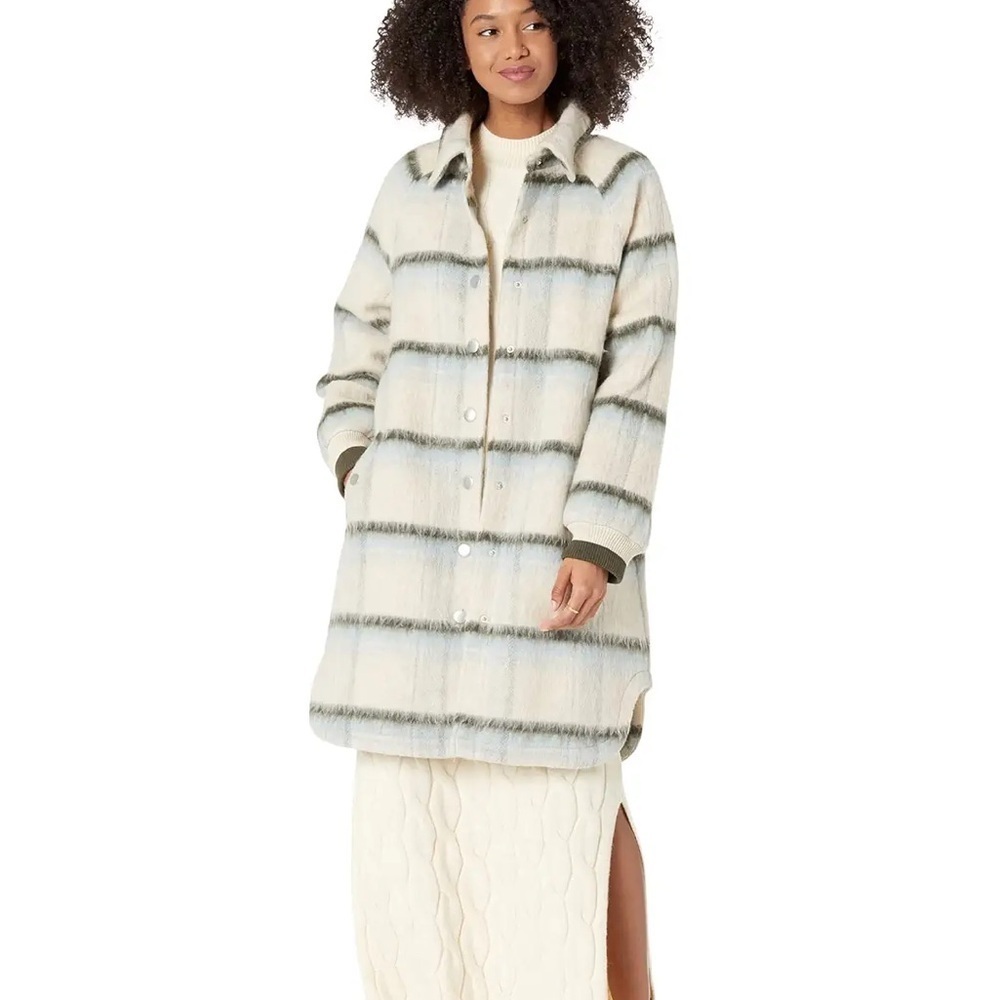 AVEC LES FILLES Brushed Oversize Longline Varsity Coat Cream Olive Plaid Size M